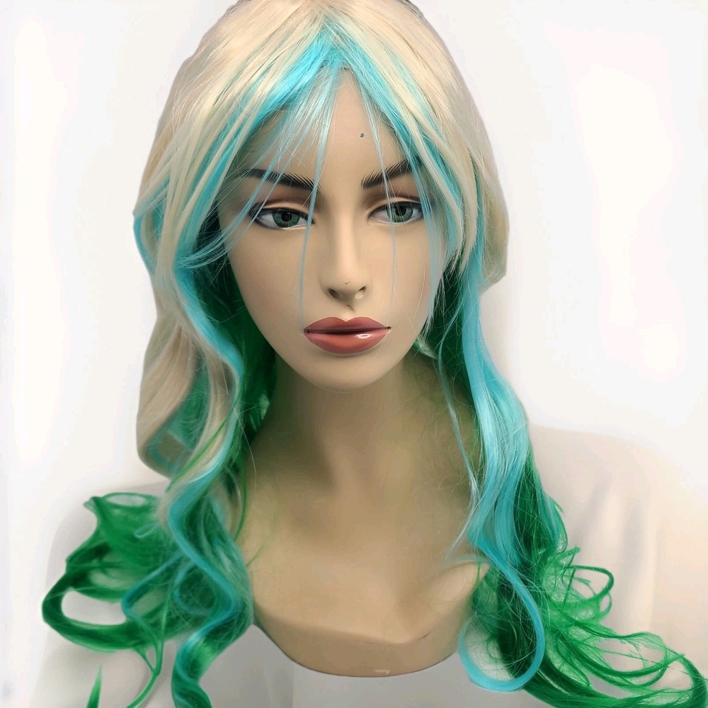 Mixed Color‎ Long Wavy Synthetic Wig Blond Blue Green Costume Cosplay Hair